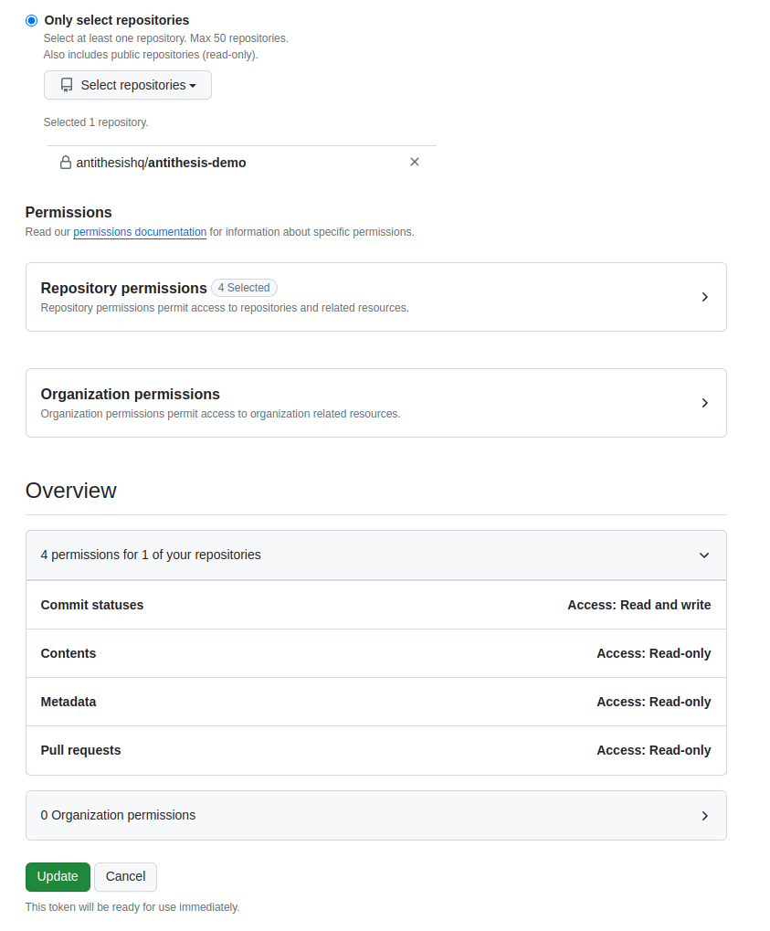 GitHub PAT token permissions example