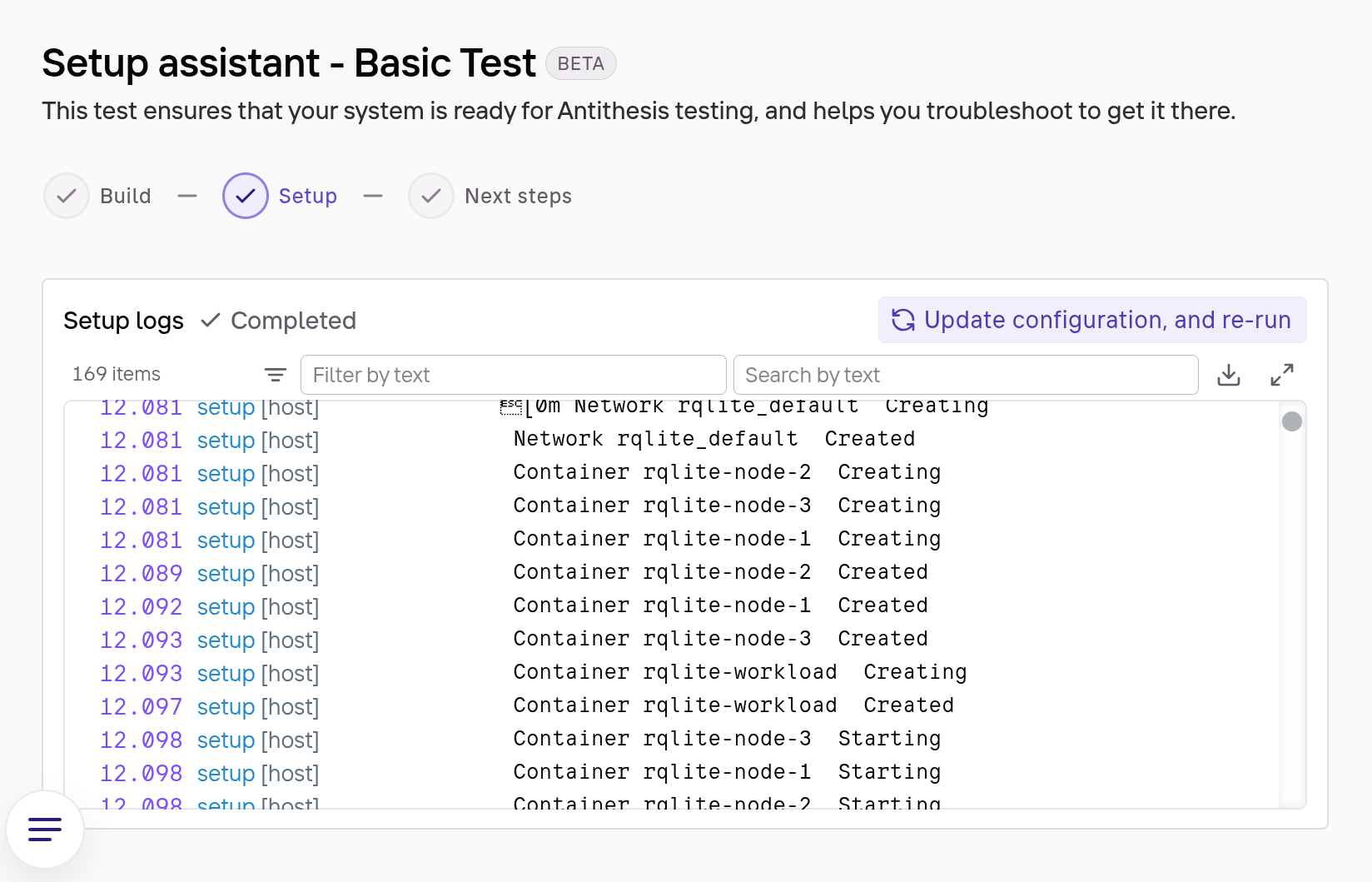 Setup assistant with setup logs