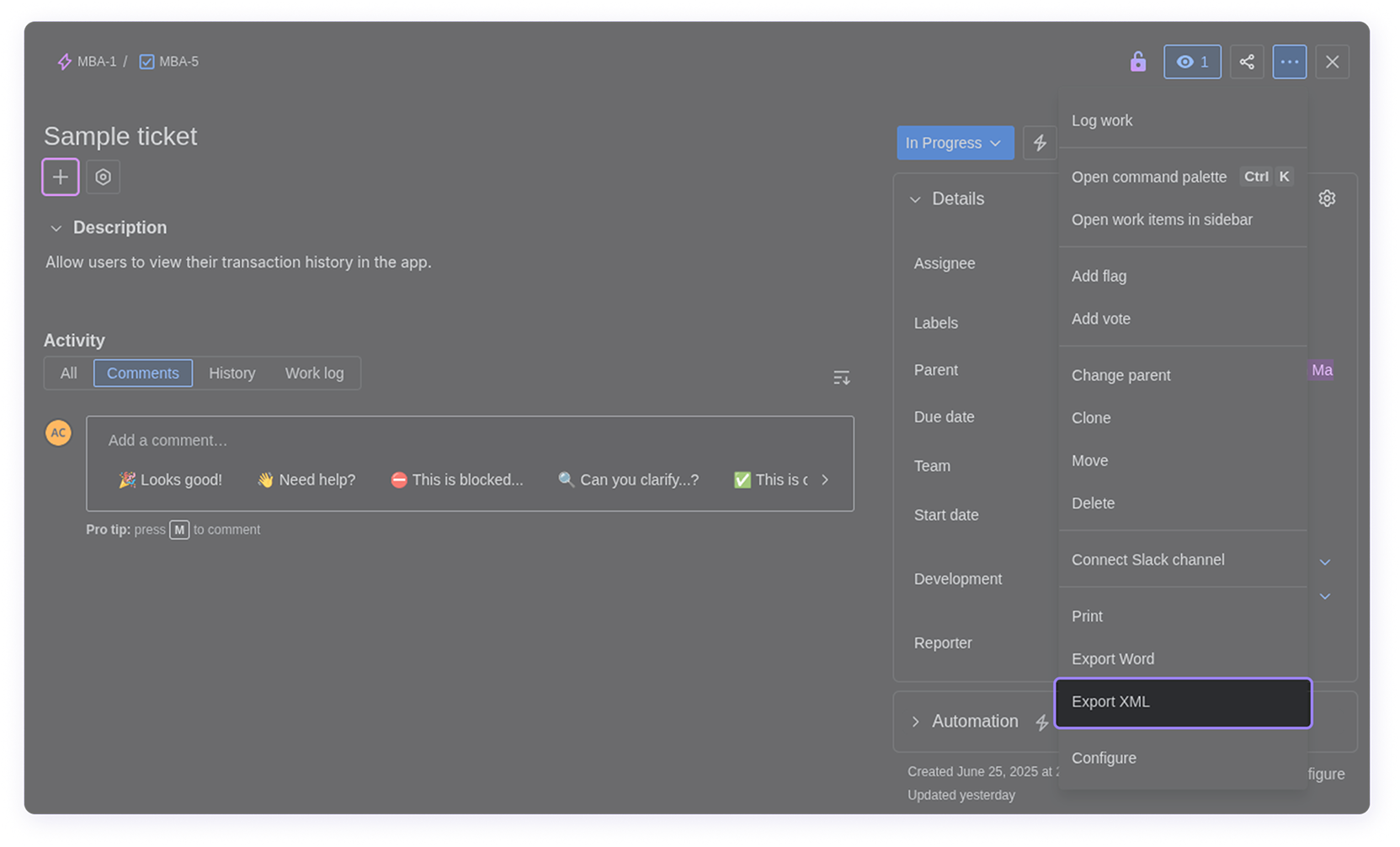 Jira Export XML option
