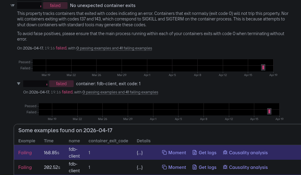 Examples of a bug in the triage report, with 'Causality analysis' button.