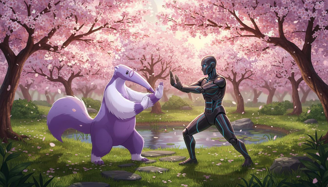 Snouty and a robot doing tai chi push-hands