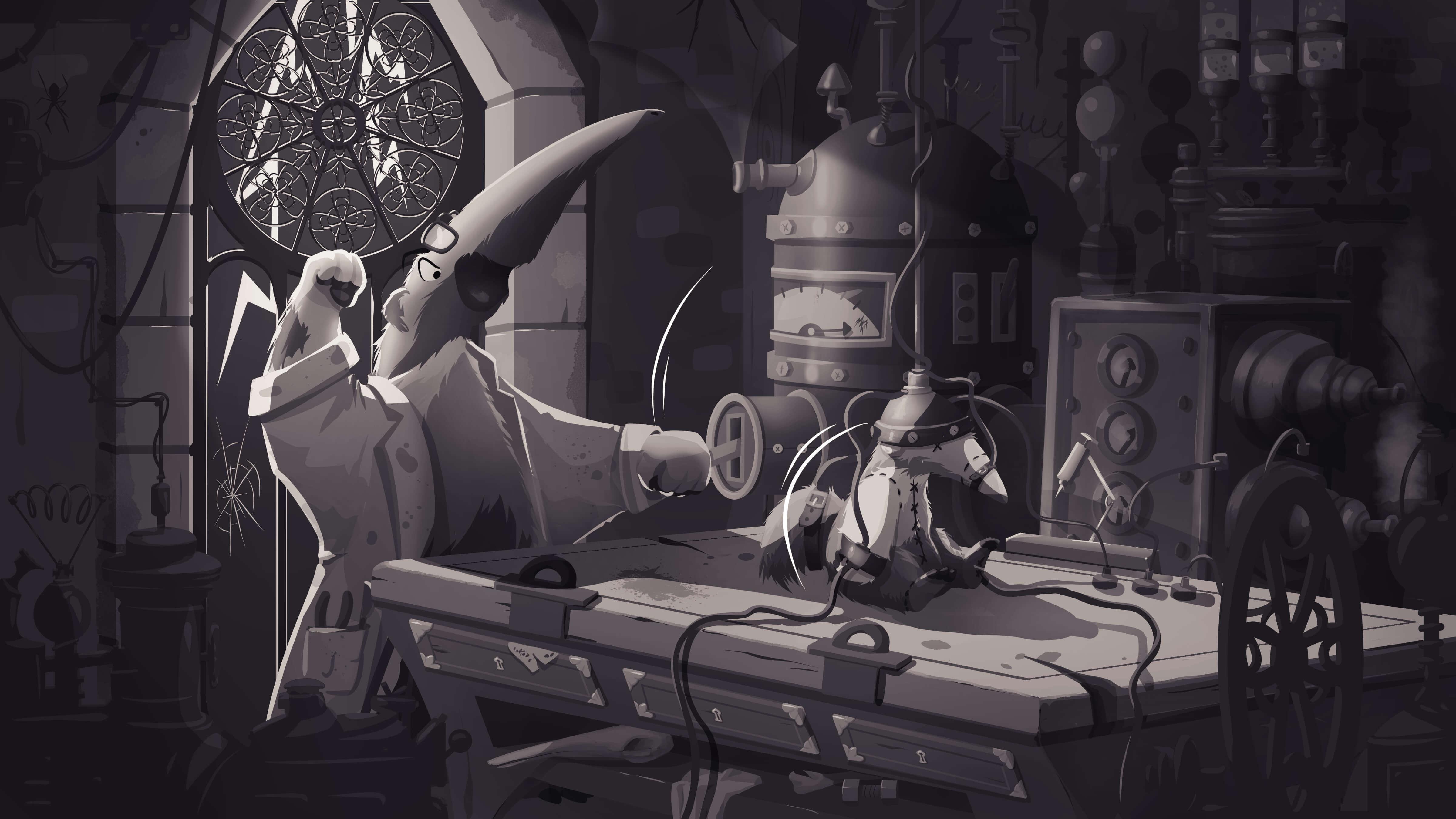 Snouty cackling maniacally while pulling a lever to animate an anteater homunculus