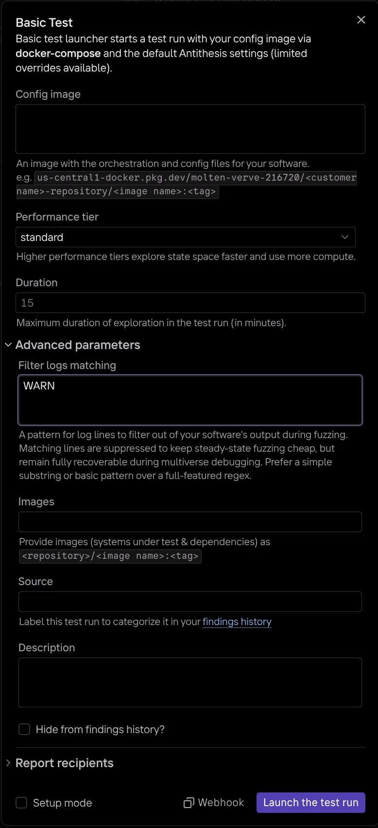 The Filter logs matching field under Advanced parameters in the test launcher