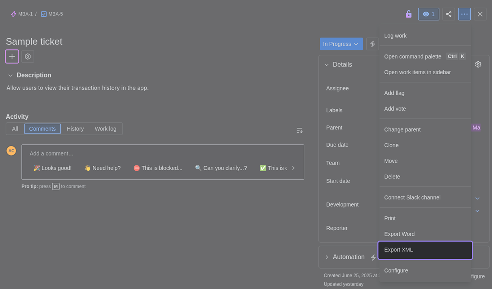 Jira Export XML option