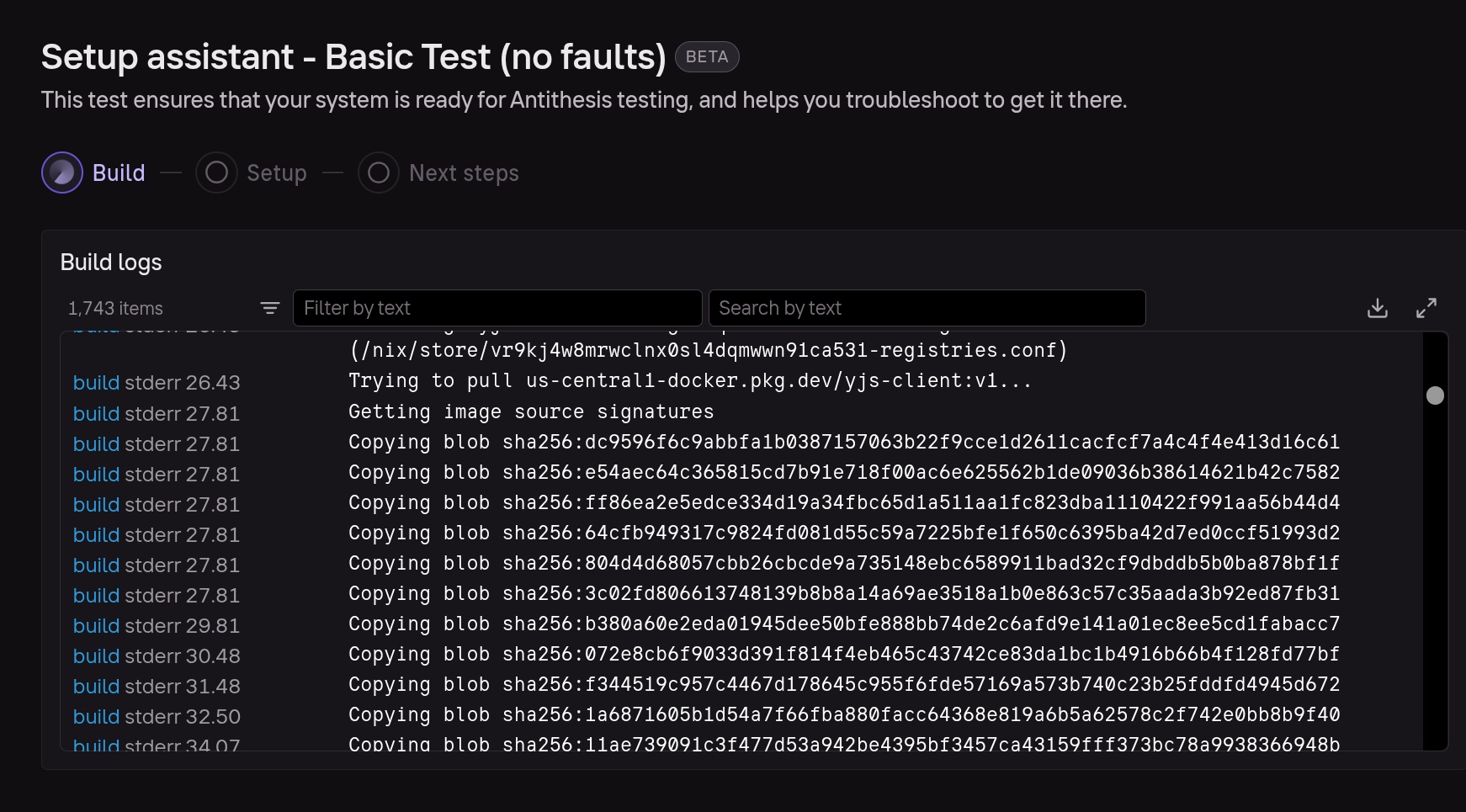 Setup assistant with setup logs