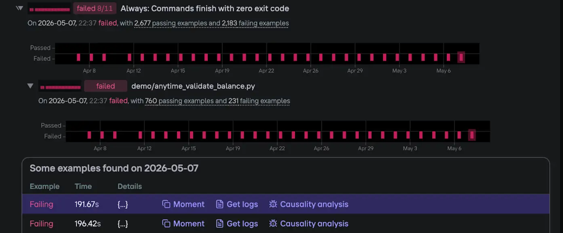 Examples of a bug in the triage report, with 'Causality analysis' button.